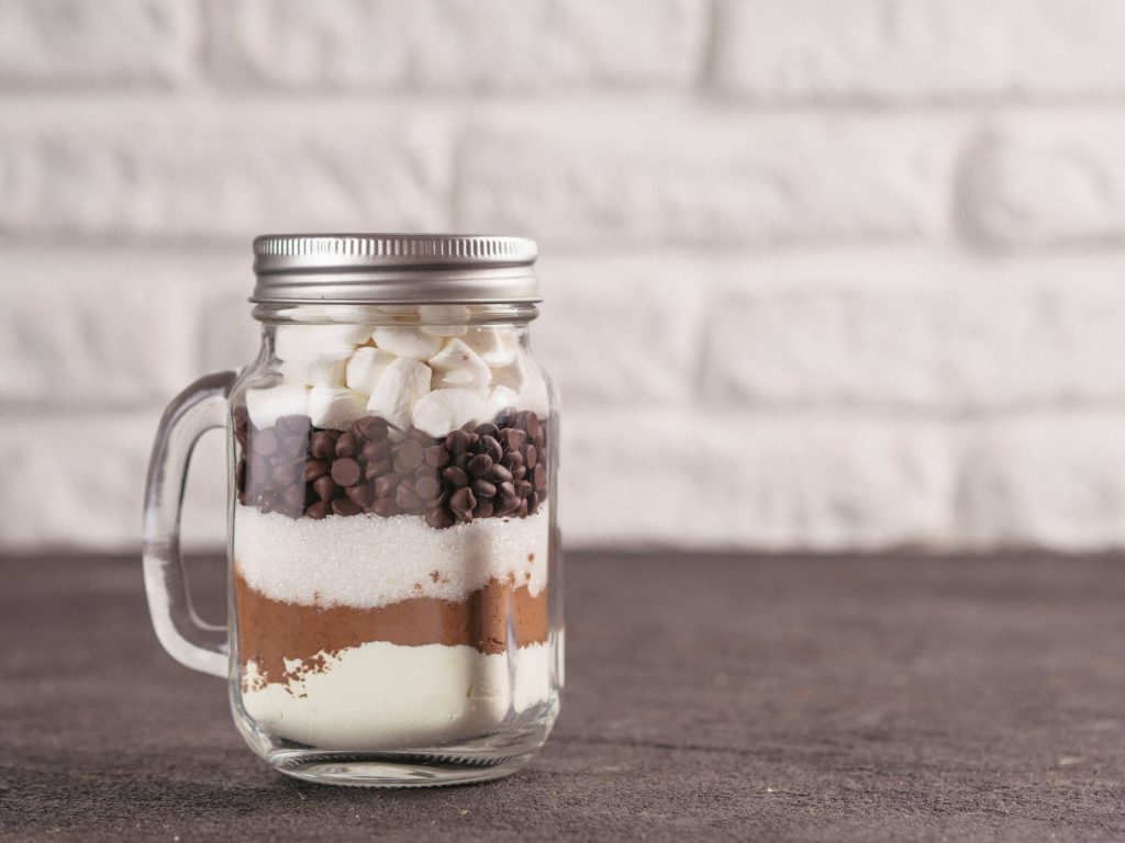 Hot chocolate mix in mason jar with copy space