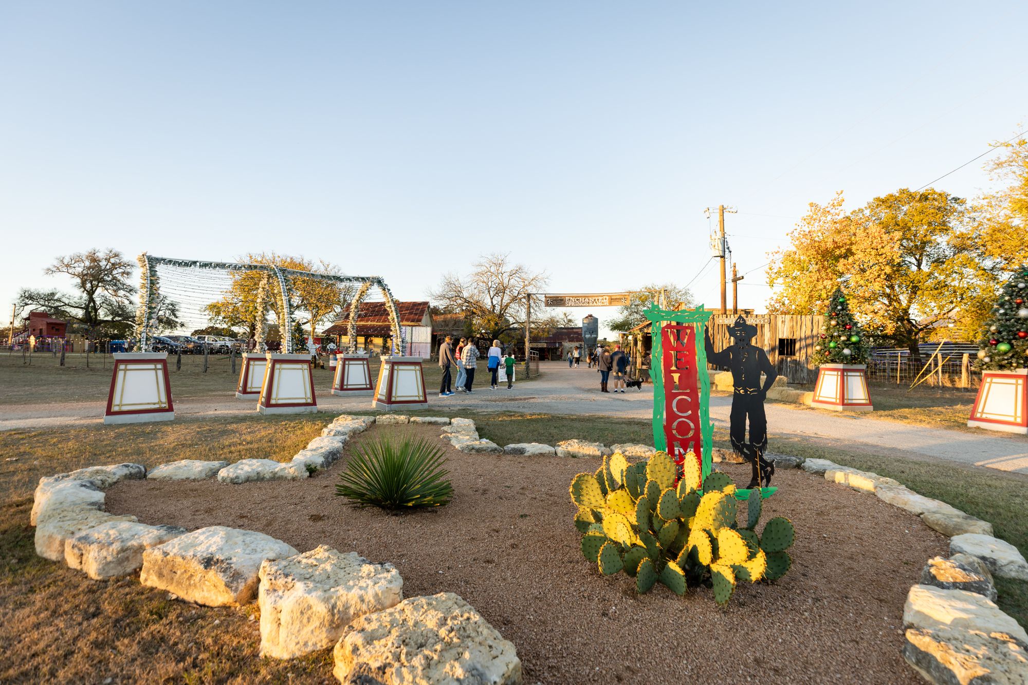 Christmas decorations along the Old West town streets at Enchanted Springs Ranch in the Texas Hill Country